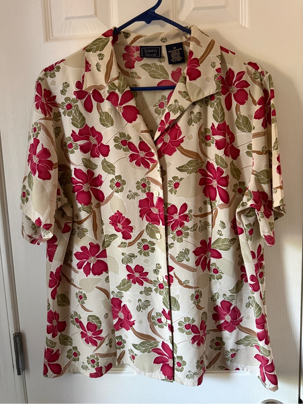 Laura Scott Cream Button-Down Shirt with Pink Floral Print